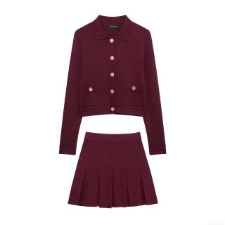 Women's European American Style Knit Two Piece Set Metal Button Long Sleeve Cardigan And High Waist Pleated Mini Skirt Wine Red Streetwear Outfit