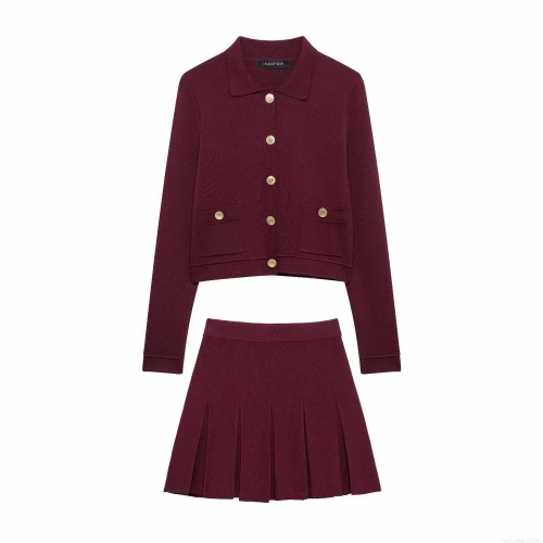 Women's European American Style Knit Two Piece Set Metal Button Long Sleeve Cardigan And High Waist Pleated Mini Skirt Wine Red Streetwear Outfit