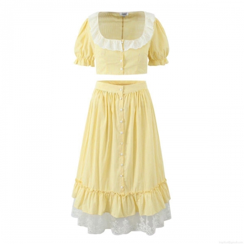Women's 2 Piece Plaid Skirt Set Lace Patchwork Puff Sleeve Crop Top and Gingham Maxi Skirt Set Pastoral Style Outfits For Women