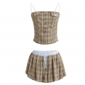 Women Plaid Camisole Top and Mini Skirt Set Rayon Polyester Patchwork Button Decor Sleeveless Two Piece Outfits Streetwear Khaki