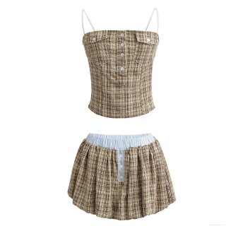 Women Plaid Camisole Top and Mini Skirt Set Rayon Polyester Patchwork Button Decor Sleeveless Two Piece Outfits Streetwear Khaki