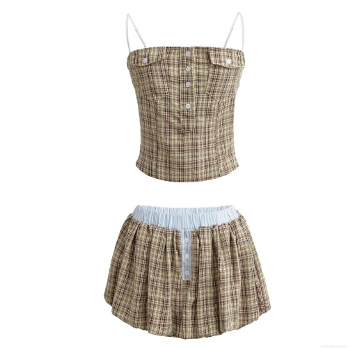 Women Plaid Camisole Top and Mini Skirt Set Rayon Polyester Patchwork Button Decor Sleeveless Two Piece Outfits Streetwear Khaki
