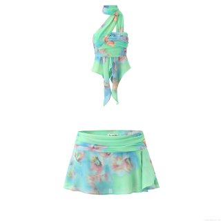 Women's Sexy Floral Print Halter Neck Top And Pleated Mini Skirt Set Irregular Chiffon Two Piece Outfits For Summer Beach Party Streetwear