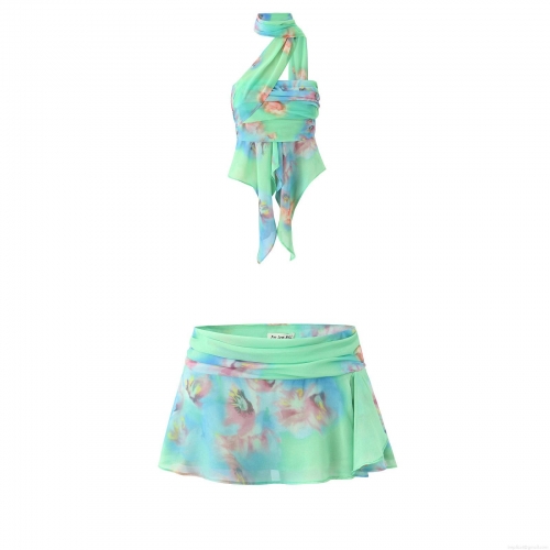 Women's Sexy Floral Print Halter Neck Top And Pleated Mini Skirt Set Irregular Chiffon Two Piece Outfits For Summer Beach Party Streetwear