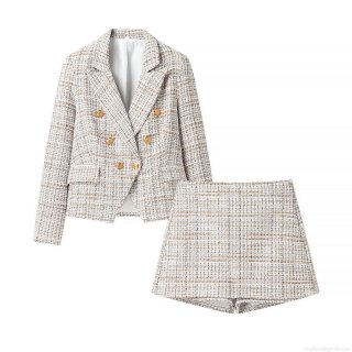 Women's Tweed Suit Set Double Breasted Blazer Jacket and Shorts Two Piece Outfits Elegant Streetwear Co-ord Set with Metal Buttons for Women