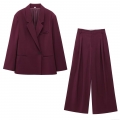 Women Two Piece Blazer Set Solid Color Lapel Long Sleeve Loose Suit Jacket And Pleated Wide Leg Pants Elegant Professional Office Lady Workwear Set Polyester Blend Burgundy