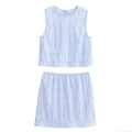 Women Fashion Casual Two-Piece Set Blue Gingham Plaid Sleeveless Round Neck Crop Top and A-Line Mini Skirt Summer Streetwear Outfits for Women Ladies