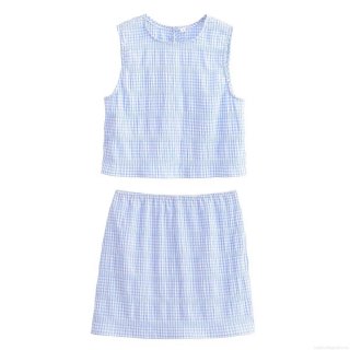Women Fashion Casual Two-Piece Set Blue Gingham Plaid Sleeveless Round Neck Crop Top and A-Line Mini Skirt Summer Streetwear Outfits for Women Ladies