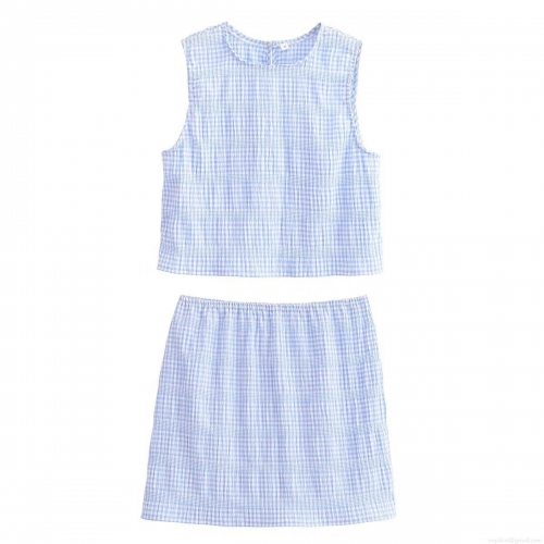 Women Fashion Casual Two-Piece Set Blue Gingham Plaid Sleeveless Round Neck Crop Top and A-Line Mini Skirt Summer Streetwear Outfits for Women Ladies