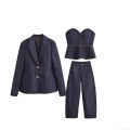Women Deep Blue 3-Piece Denim Suit Set With Notched Lapel Blazer Crop Bustier Top And High Waist Wide Leg Pants Contrast Stitching Streetwear Co-ord Outfits