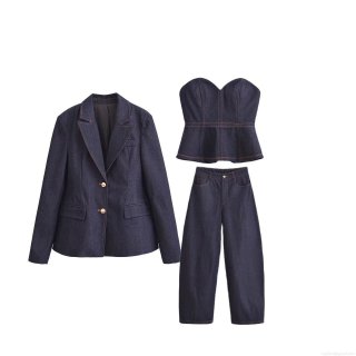 Women Deep Blue 3-Piece Denim Suit Set With Notched Lapel Blazer Crop Bustier Top And High Waist Wide Leg Pants Contrast Stitching Streetwear Co-ord Outfits