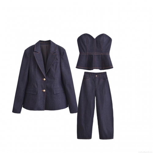 Women Deep Blue 3-Piece Denim Suit Set With Notched Lapel Blazer Crop Bustier Top And High Waist Wide Leg Pants Contrast Stitching Streetwear Co-ord Outfits