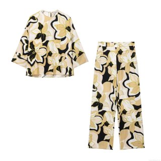 Women's 2 Piece Summer Casual Outfit Abstract Floral Print Short Sleeve Shirt And Wide Leg Pants Set 100% Polyester Lightweight Breathable Streetwear Vacation Two Piece Set For Women