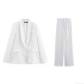 Women's Casual White Blazer and Wide Leg Pants Two Piece Suit Set Professional Office Business Formal Long Sleeve Notch Lapel Outfits Polyester Sets