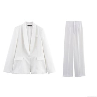 Women's Casual White Blazer and Wide Leg Pants Two Piece Suit Set Professional Office Business Formal Long Sleeve Notch Lapel Outfits Polyester Sets