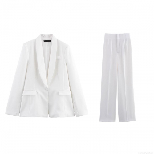Women's Casual White Blazer and Wide Leg Pants Two Piece Suit Set Professional Office Business Formal Long Sleeve Notch Lapel Outfits Polyester Sets