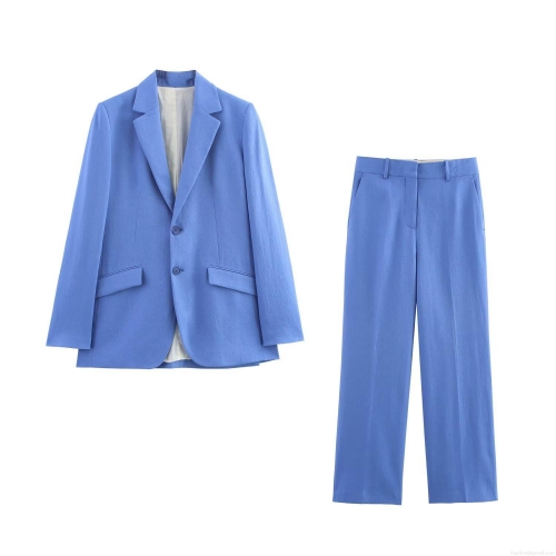 Women's Business Suit Set Linen Blend Single Breasted Blazer High Waist Straight Leg Pants Two Piece Professional Office Work Wear Outfits Streetwear Solid Color