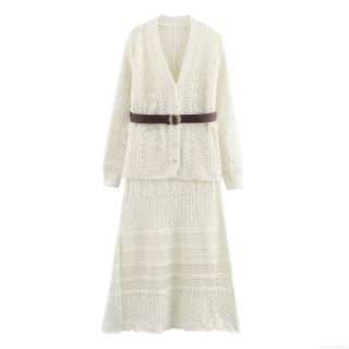 Women's Elegant Hollow Out Knitted Two Piece Set Long Sleeve V-Neck Cardigan And Mid-Calf Skirt Set With Belt Autumn Casual Crochet Knitwear For Lady