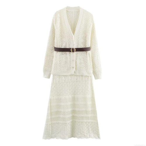 Women's Elegant Hollow Out Knitted Two Piece Set Long Sleeve V-Neck Cardigan And Mid-Calf Skirt Set With Belt Autumn Casual Crochet Knitwear For Lady