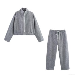 Women's Casual Fleece Tracksuit Set Stand Collar Zipper Jacket And Drawstring Wide Leg Pants Solid Color Marl Grey Loungewear Two Piece Outfit For Autumn Winter