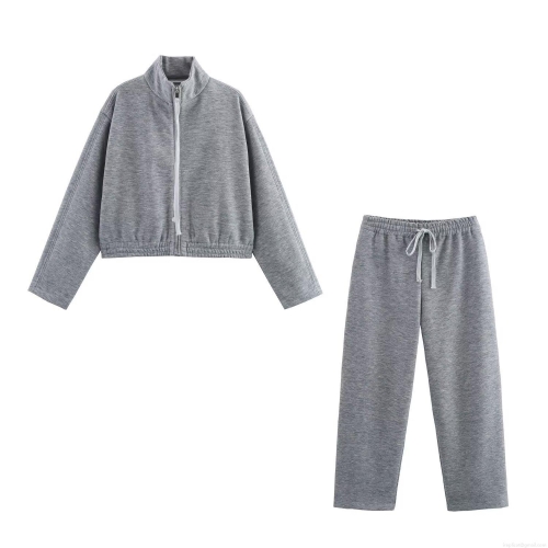 Women's Casual Fleece Tracksuit Set Stand Collar Zipper Jacket And Drawstring Wide Leg Pants Solid Color Marl Grey Loungewear Two Piece Outfit For Autumn Winter