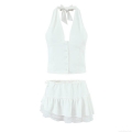 Sexy White Polyester Lace Trim Halter Neck Backless Button Vest And Ruffle Mini Skirt Two Piece Set Women Summer Streetwear Outfit