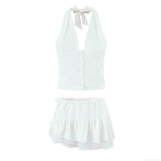 Sexy White Polyester Lace Trim Halter Neck Backless Button Vest And Ruffle Mini Skirt Two Piece Set Women Summer Streetwear Outfit