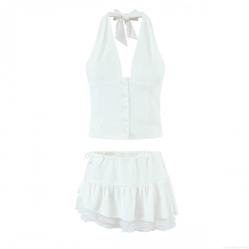 Sexy White Polyester Lace Trim Halter Neck Backless Button Vest And Ruffle Mini Skirt Two Piece Set Women Summer Streetwear Outfit