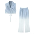 Women's 2 Piece Casual Set Gradient Faux Denim Sleeveless Tie Up Vest Top and High Waist Wide Leg Pants Trendy Streetwear Outfits for Women