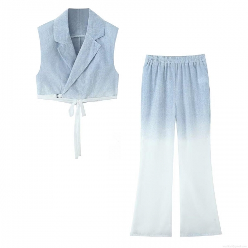 Women's 2 Piece Casual Set Gradient Faux Denim Sleeveless Tie Up Vest Top and High Waist Wide Leg Pants Trendy Streetwear Outfits for Women