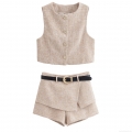 Women's Elegant Tweed Two Piece Set Sleeveless Button Down Vest With Belted Skort Culottes Casual Streetwear Summer Outfit