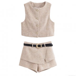 Women's Elegant Tweed Two Piece Set Sleeveless Button Down Vest With Belted Skort Culottes Casual Streetwear Summer Outfit