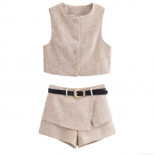 Women's Elegant Tweed Two Piece Set Sleeveless Button Down Vest With Belted Skort Culottes Casual Streetwear Summer Outfit