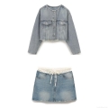 Women's Two Piece Denim Skirt Set Cotton Short Round Neck Long Sleeve Jacket And Drawstring Elastic Waist Mini Skirt Light Blue Washed Streetwear