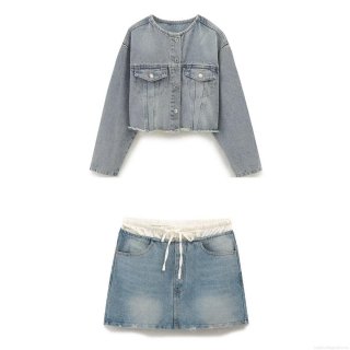 Women's Two Piece Denim Skirt Set Cotton Short Round Neck Long Sleeve Jacket And Drawstring Elastic Waist Mini Skirt Light Blue Washed Streetwear