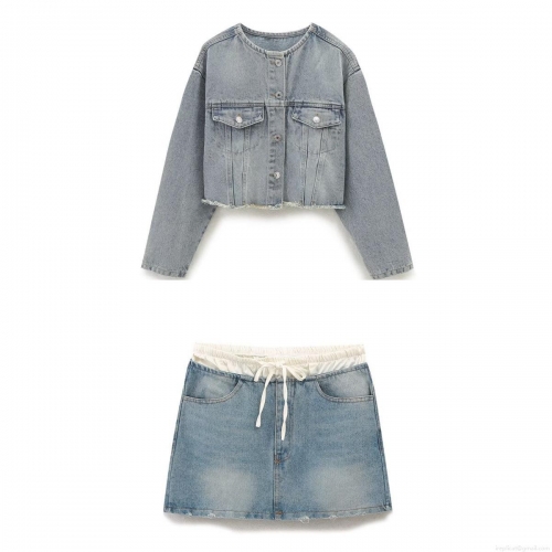Women's Two Piece Denim Skirt Set Cotton Short Round Neck Long Sleeve Jacket And Drawstring Elastic Waist Mini Skirt Light Blue Washed Streetwear