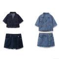 Women's Denim 2-Piece Set Short Sleeve Button Up V-Neck Shirt And Asymmetric Wrap Skort Washed Blue Retro Streetwear Summer Outfits Casual Two Piece Clothing For Women