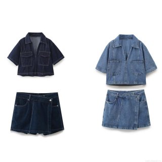 Women's Denim 2-Piece Set Short Sleeve Button Up V-Neck Shirt And Asymmetric Wrap Skort Washed Blue Retro Streetwear Summer Outfits Casual Two Piece Clothing For Women