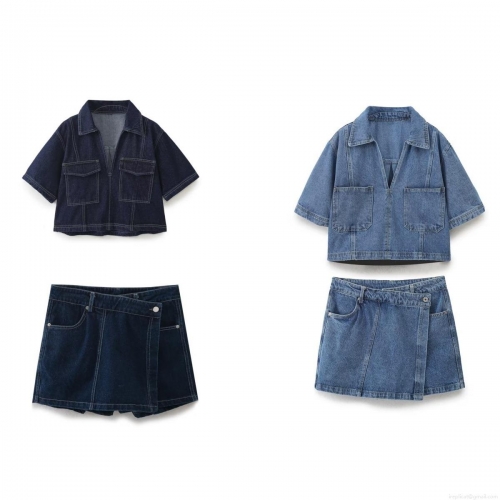 Women's Denim 2-Piece Set Short Sleeve Button Up V-Neck Shirt And Asymmetric Wrap Skort Washed Blue Retro Streetwear Summer Outfits Casual Two Piece Clothing For Women