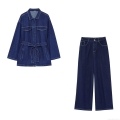 Women's Western Style Denim Suit 2025 Spring Streetwear Tie Waist Denim Jacket And Wide Leg Jeans Two Piece Set Dark Blue Long Sleeve Casual Outfits For Women