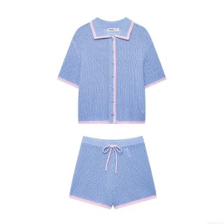 Women's 2-Piece Knitted Shorts Set Contrast Color Short Sleeve Polo Cardigan Top And Drawstring Casual Shorts Summer Streetwear Knitwear Outfits
