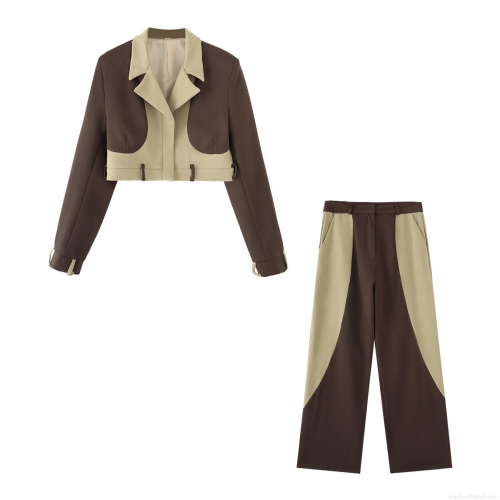 Women's Color-Block Casual Blazer And Pants Set Patchwork Two-Piece Suit Streetwear Long Sleeve Outfit For Spring Autumn Brown Beige