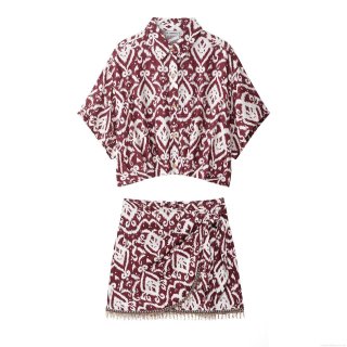 Women's Bohemian Ethnic Ikat Print Two Piece Set Polyester Short Sleeve Crop Shirt and Bead Tassel Wrap Mini Skirt Vacation Summer Casual Outfit
