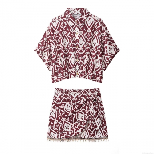 Women's Bohemian Ethnic Ikat Print Two Piece Set Polyester Short Sleeve Crop Shirt and Bead Tassel Wrap Mini Skirt Vacation Summer Casual Outfit
