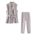 Women's 2 Piece Outfits Business Casual Belted Sleeveless Vest And High Waisted Straight Leg Pants Set Solid Color Elegant Office Workwear Suit
