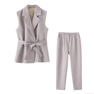 Women's 2 Piece Outfits Business Casual Belted Sleeveless Vest And High Waisted Straight Leg Pants Set Solid Color Elegant Office Workwear Suit