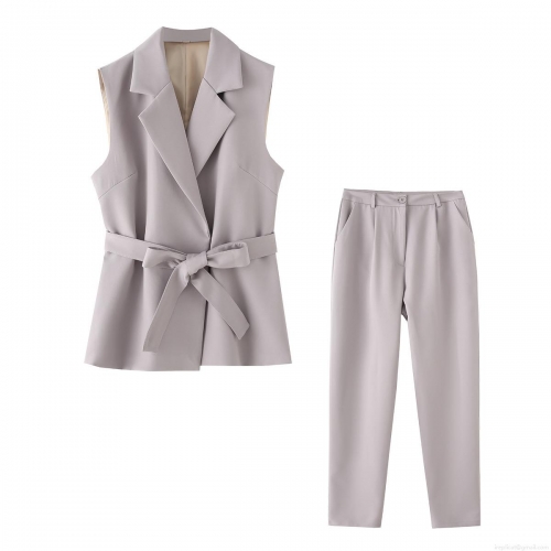 Women's 2 Piece Outfits Business Casual Belted Sleeveless Vest And High Waisted Straight Leg Pants Set Solid Color Elegant Office Workwear Suit