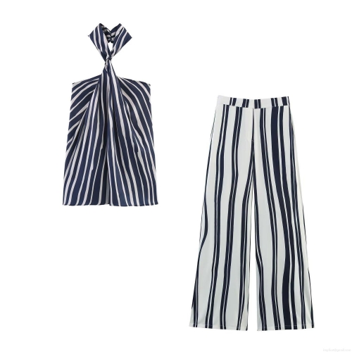 Women's Striped 2 Piece Outfits Halter Neck Twist Crop Top and High Waist Wide Leg Pants Set Summer Casual Beachwear