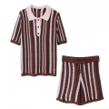 Women's Casual Contrast Striped Knit Polo Shirt And Shorts Two-Piece Set Polyester Hollow Out Short Sleeve Top With Drawstring Shorts Western Style Streetwear Outfit