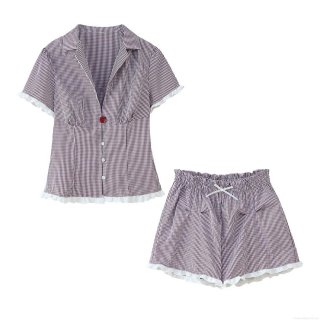 Women's 2-Piece Summer Shorts Set Gingham Polyester Short Sleeve Button Down Lapel Shirt And Ruffled Edge Shorts Casual Purple Plaid Outfit For Women Vacation Streetwear